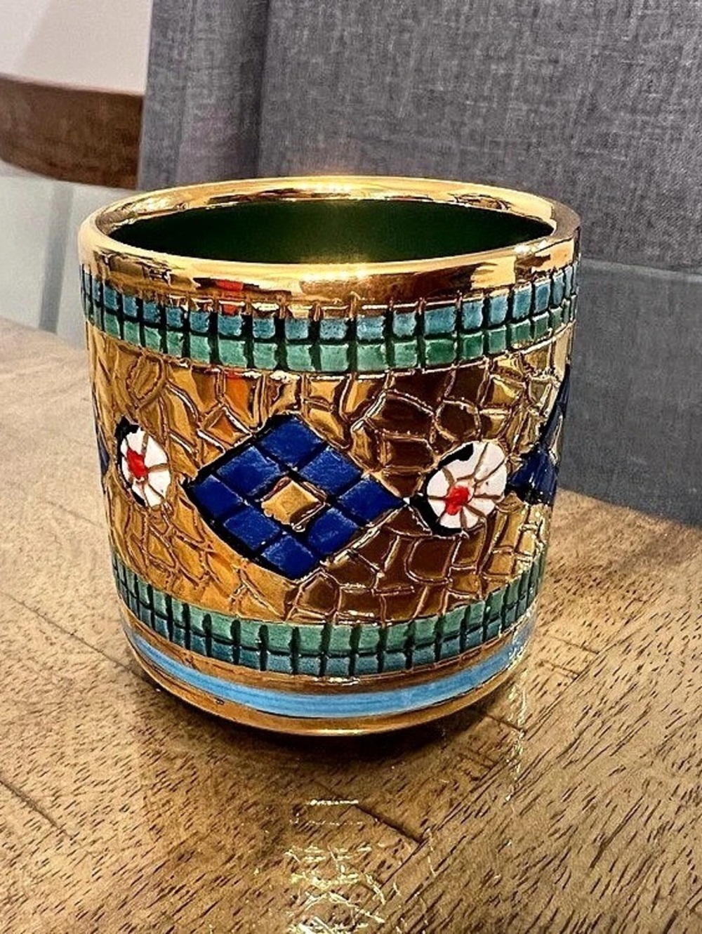 vintage hand-painted Italian ceramic piece Byzantine-style mosaic and gold-gilde